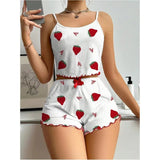 European & American Summer Strawberry Heart Print Ribbed Elastic Waist Camisole Shorts Two - Piece Set Women's Loungewear - Zeprah