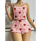 European & American Summer Strawberry Heart Print Ribbed Elastic Waist Camisole Shorts Two - Piece Set Women's Loungewear - Zeprah