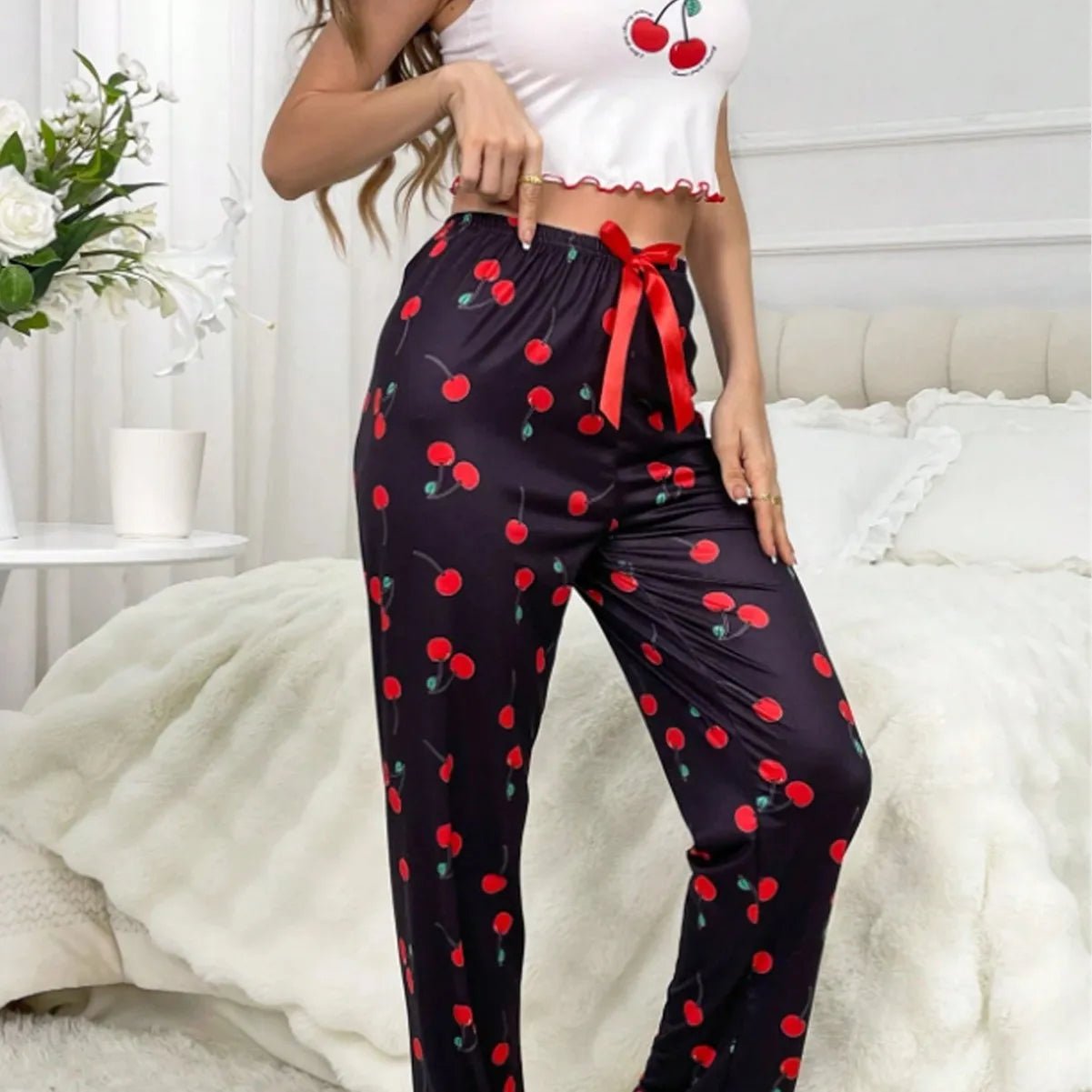 European American Velvet Breathable Sexy Pajamas Simple Casual Printed Camisole Elastic Waist Long Pants - Zeprah
