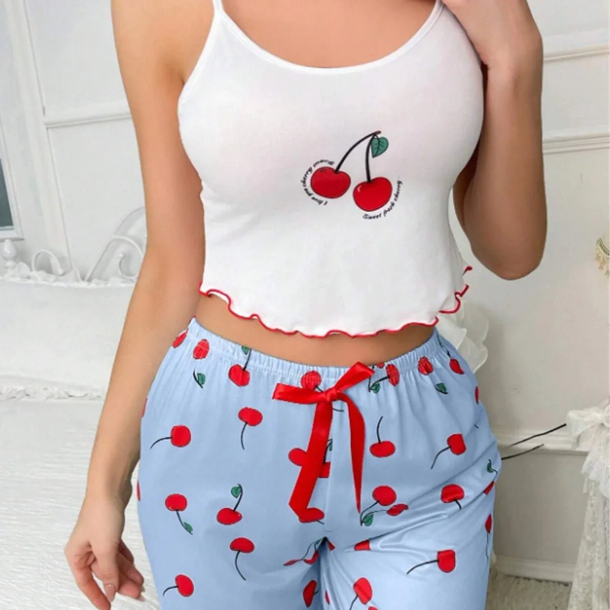 European American Velvet Breathable Sexy Pajamas Simple Casual Printed Camisole Elastic Waist Long Pants - Zeprah