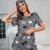 European American Women's Comfortable Casual Set Print Short Sleeve Milk Silk Pajamas Elastic Waist Summer - Zeprah