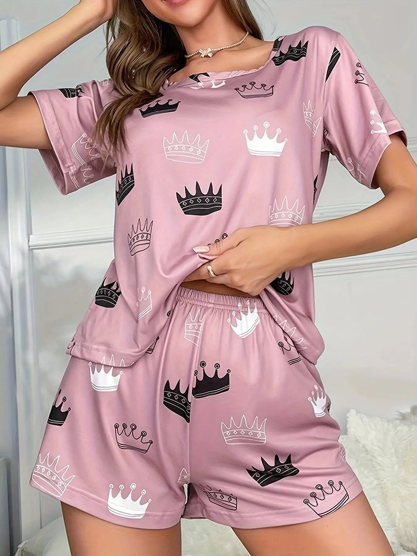 European American Women's Comfortable Casual Set Print Short Sleeve Milk Silk Pajamas Elastic Waist Summer - Zeprah