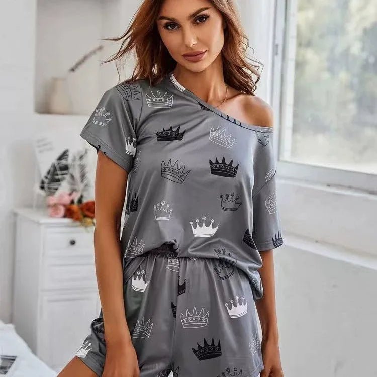 European American Women's Comfortable Casual Set Print Short Sleeve Milk Silk Pajamas Elastic Waist Summer - Zeprah