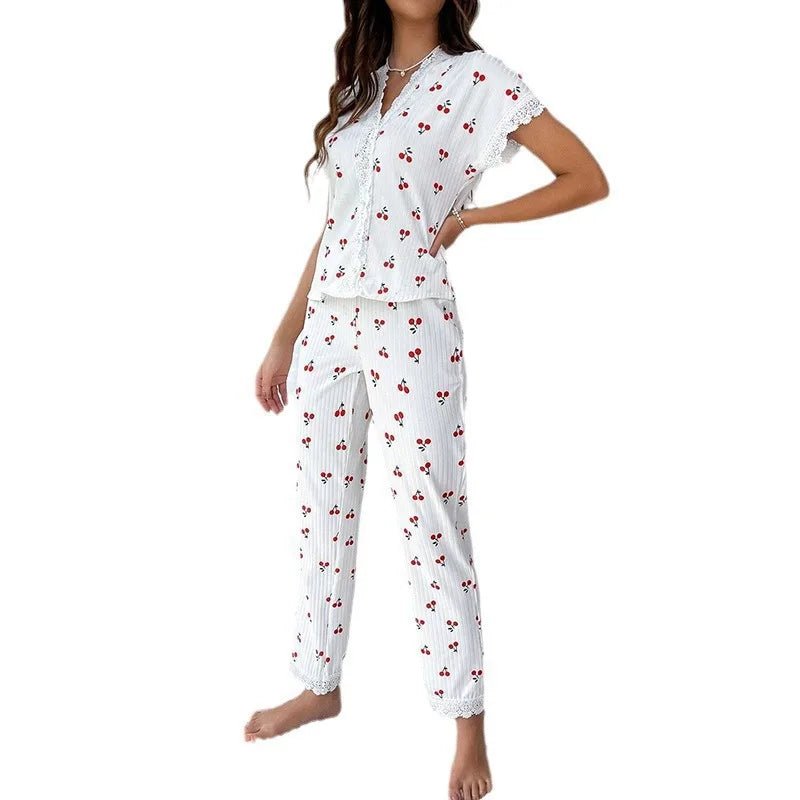 European American Women's Elegant Autumn Winter Pajamas Sexy V - Neck Lace Cherry Print T-Shirt Slim Fit Long Pants - Zeprah