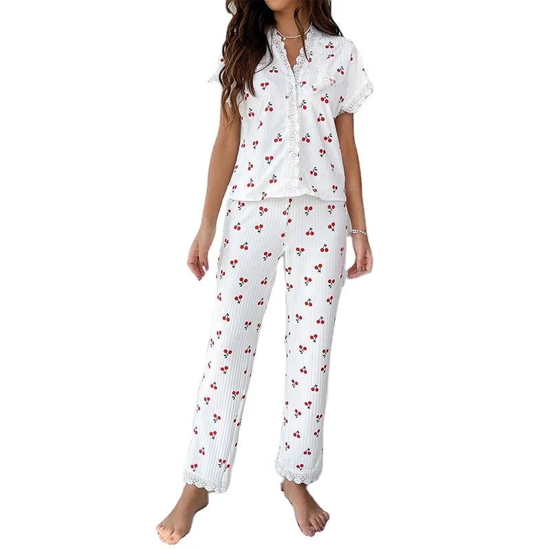 European American Women's Elegant Autumn Winter Pajamas Sexy V - Neck Lace Cherry Print T-Shirt Slim Fit Long Pants - Zeprah
