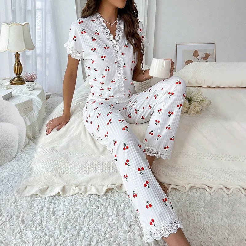 European American Women's Elegant Autumn Winter Pajamas Sexy V - Neck Lace Cherry Print T-Shirt Slim Fit Long Pants - Zeprah