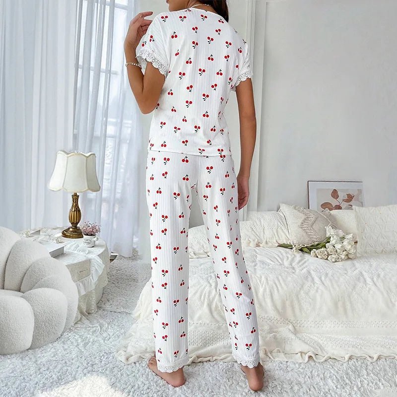 European American Women's Elegant Autumn Winter Pajamas Sexy V - Neck Lace Cherry Print T-Shirt Slim Fit Long Pants - Zeprah