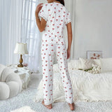 European American Women's Elegant Autumn Winter Pajamas Sexy V - Neck Lace Cherry Print T-Shirt Slim Fit Long Pants - Zeprah