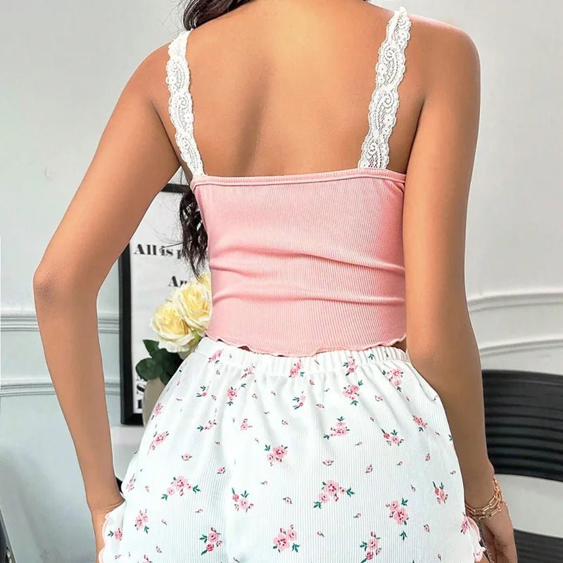 European American Women's Home Wear Shorts Set Comfortable Stretchy Lace Strap Casual Wear for Summer - Zeprah