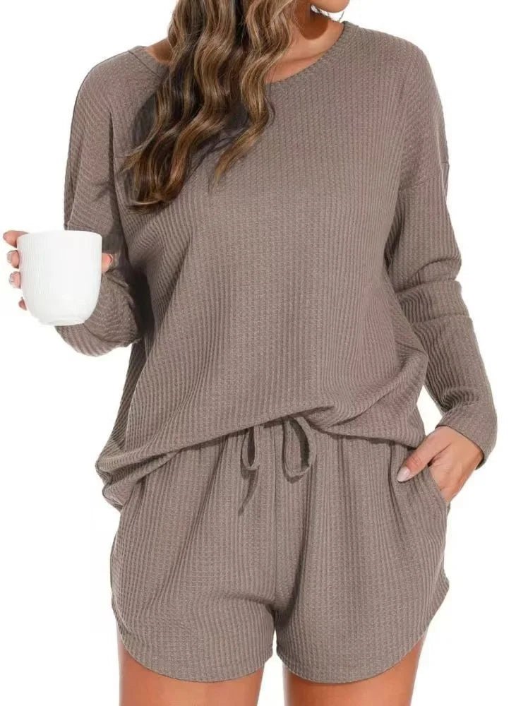 European American Women's Nightgowns Solid Color Neck Four Seasons Casual Long Sleeve Drawstring Women's Pajamas - Zeprah