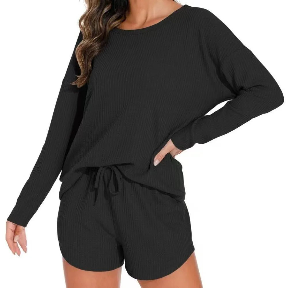 European American Women's Nightgowns Solid Color Neck Four Seasons Casual Long Sleeve Drawstring Women's Pajamas - Zeprah