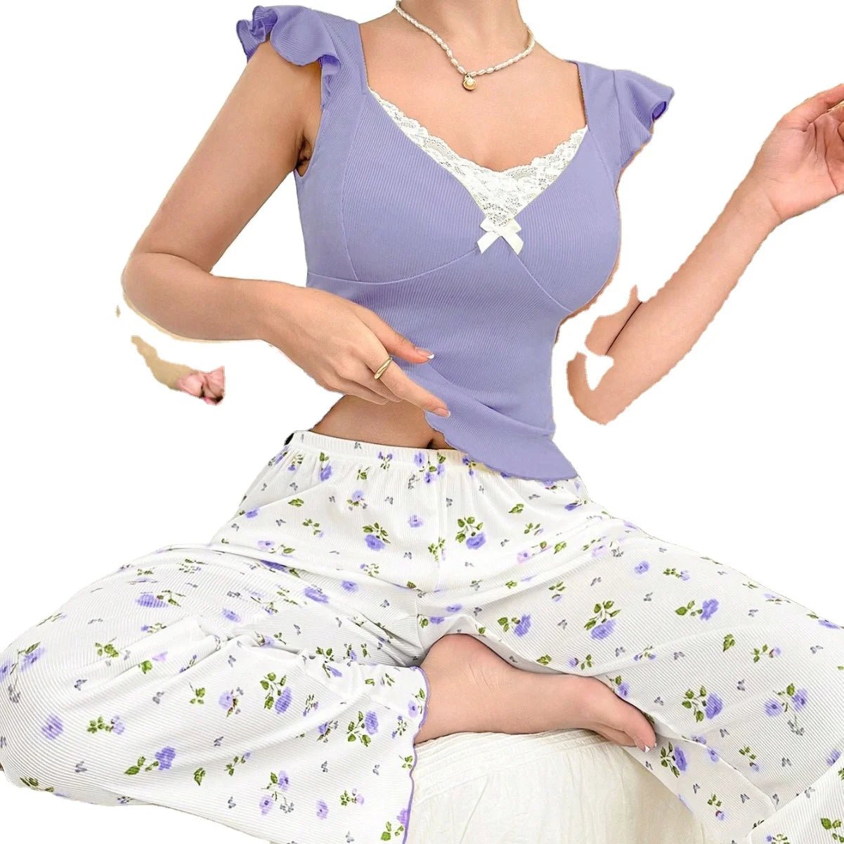 European American Women's Satin Elastic Waist Floral Print Long Pants Ruffled Casual Breathable Ribbed Pajamas - Zeprah