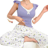 European American Women's Satin Elastic Waist Floral Print Long Pants Ruffled Casual Breathable Ribbed Pajamas - Zeprah