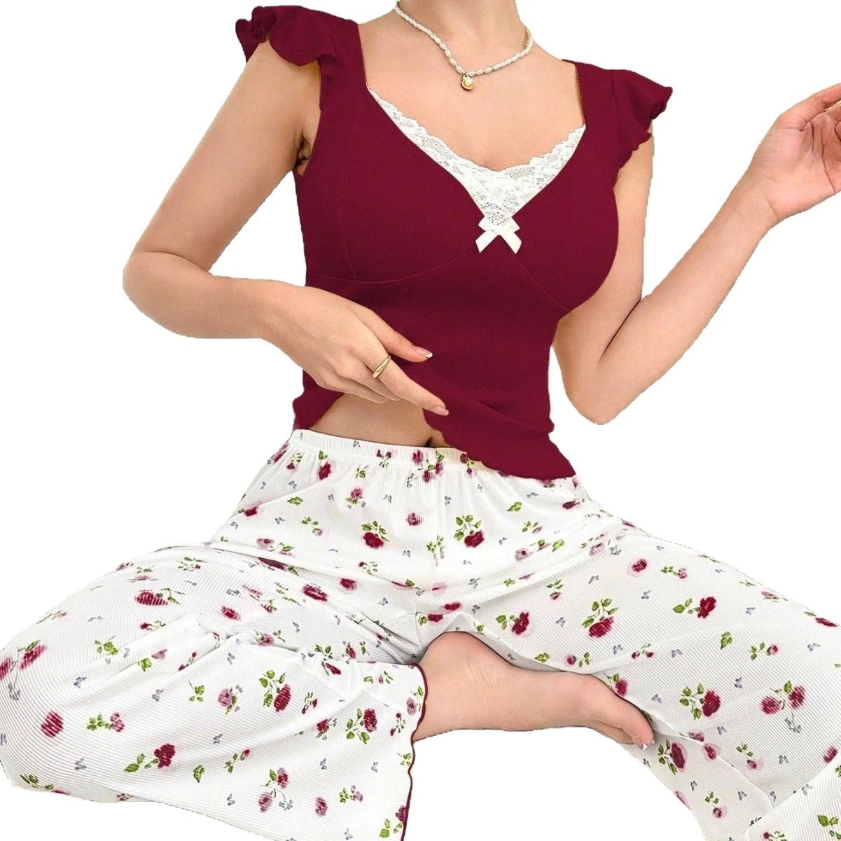 European American Women's Satin Elastic Waist Floral Print Long Pants Ruffled Casual Breathable Ribbed Pajamas - Zeprah