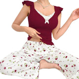 European American Women's Satin Elastic Waist Floral Print Long Pants Ruffled Casual Breathable Ribbed Pajamas - Zeprah