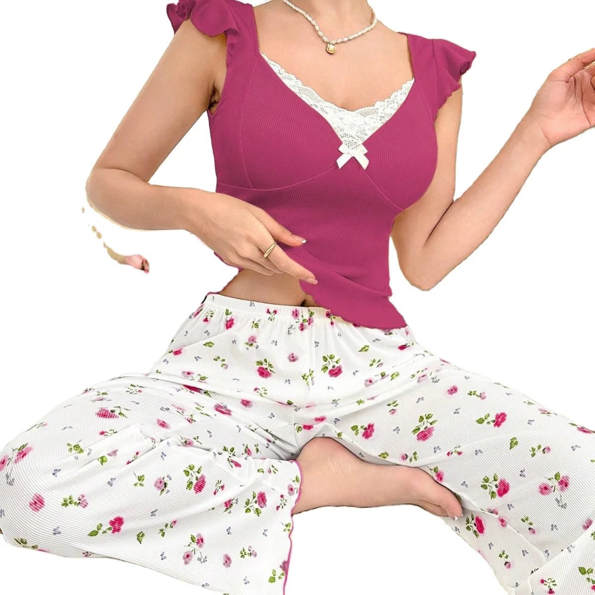 European American Women's Satin Elastic Waist Floral Print Long Pants Ruffled Casual Breathable Ribbed Pajamas - Zeprah