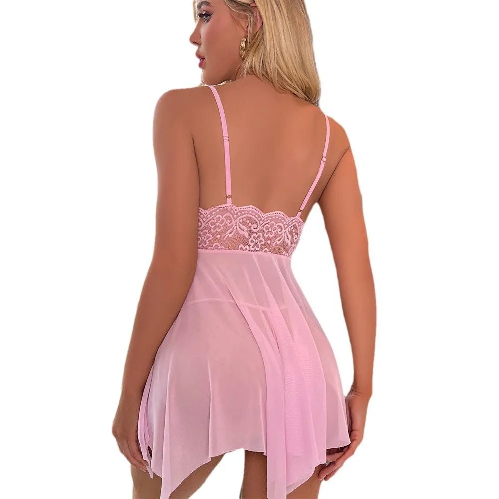 European American Women's Sexy Nightgown Deep V - Neck Low - Cut Backless Mesh See - Through Hollow - Out Spandex Lace - Zeprah