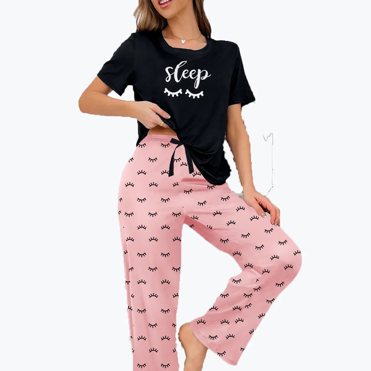 European American Women's Summer Casual Milk Silk Full Print Letter Short Sleeve Long Pants Pajama Set - Zeprah