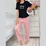 European American Women's Summer Casual Milk Silk Full Print Letter Short Sleeve Long Pants Pajama Set - Zeprah