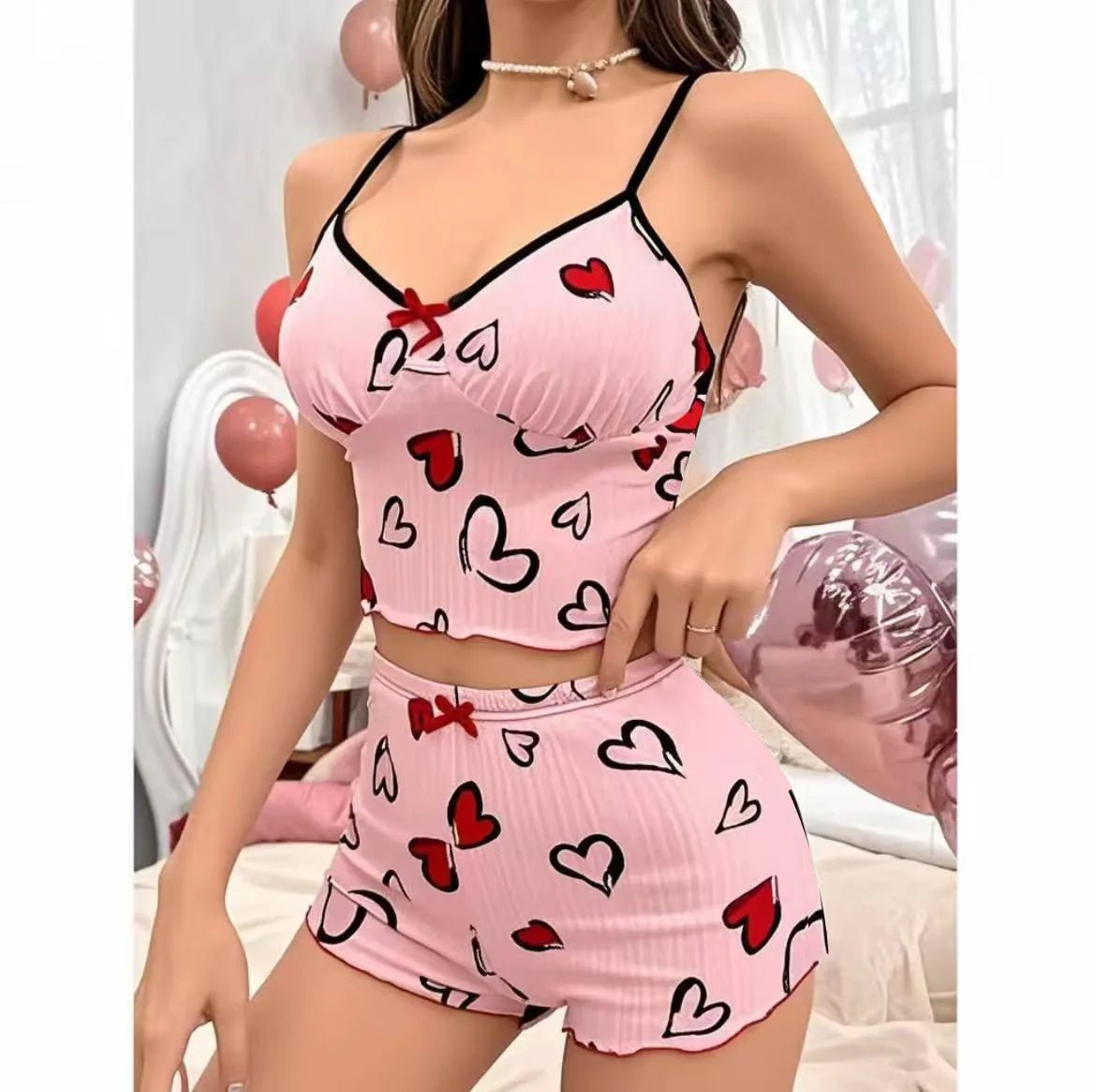 European American Women's Two - Piece Summer Cotton Shorts Set Slim Fit Hot - Selling Pajamas Elastic Waist Sleeveless Thin Strap - Zeprah