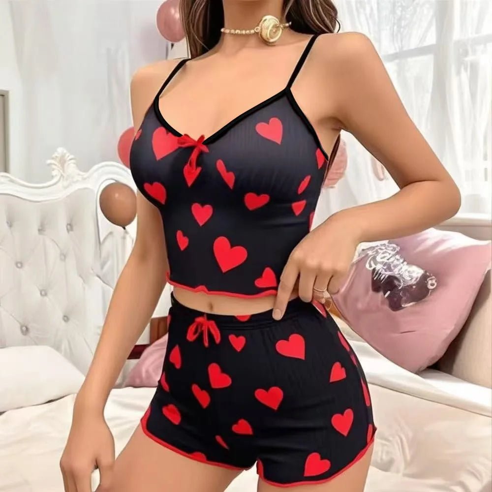 European American Women's Two - Piece Summer Cotton Shorts Set Slim Fit Hot - Selling Pajamas Elastic Waist Sleeveless Thin Strap - Zeprah