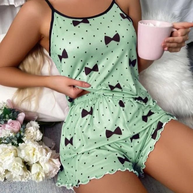 European American Women's Two - Piece Summer Pajamas Set Casual Sexy Camisole Shorts Solid Home Wear - Zeprah