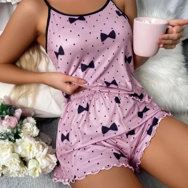 European American Women's Two - Piece Summer Pajamas Set Casual Sexy Camisole Shorts Solid Home Wear - Zeprah