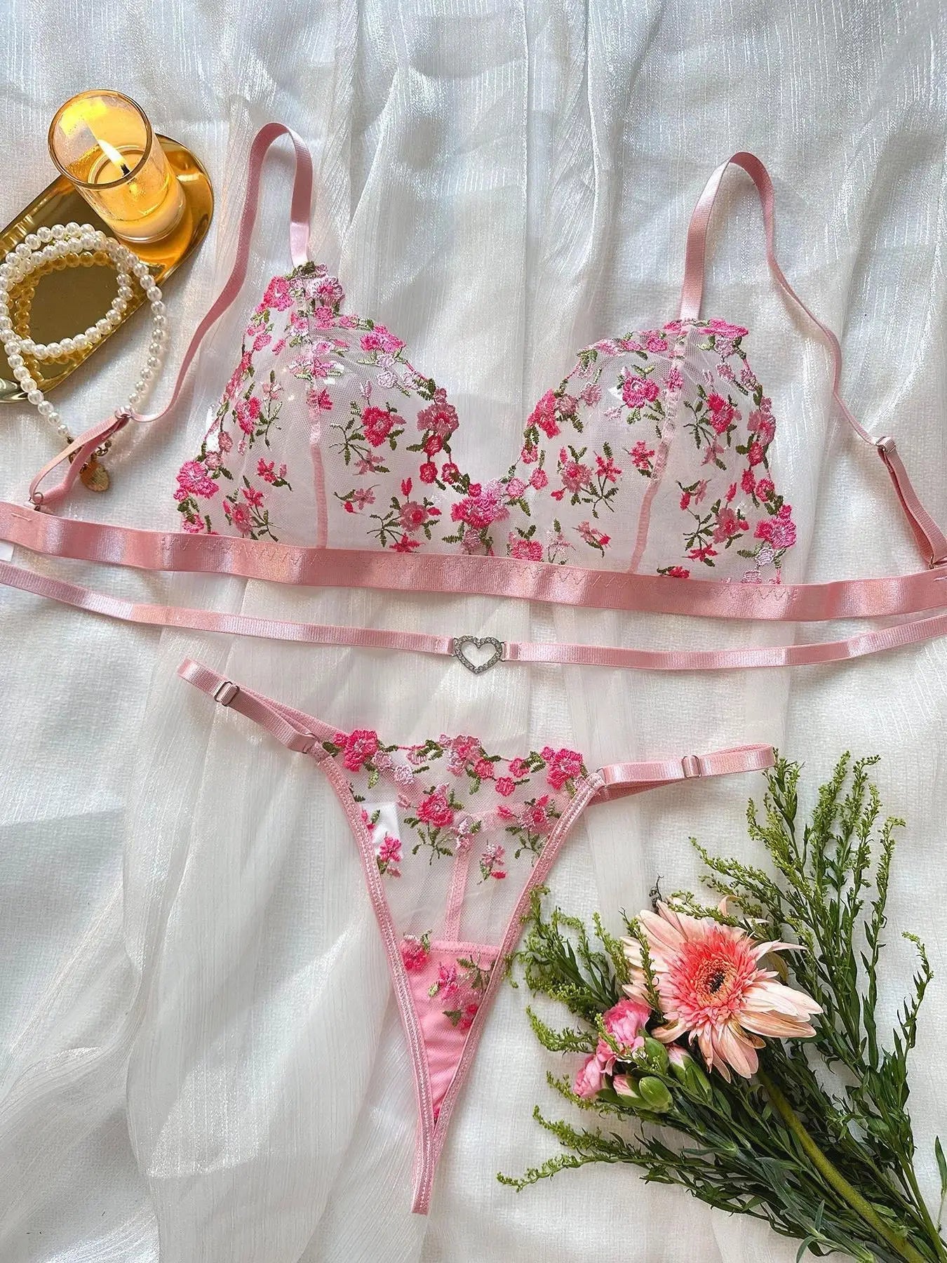 European and American Fashion Rose Embroidery Perspective Sexy love Buckle Thong Fun Suit - Zeprah