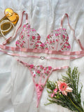 European and American Fashion Rose Embroidery Perspective Sexy love Buckle Thong Fun Suit - Zeprah