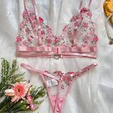 European and American Fashion Rose Embroidery Perspective Sexy love Buckle Thong Fun Suit - Zeprah