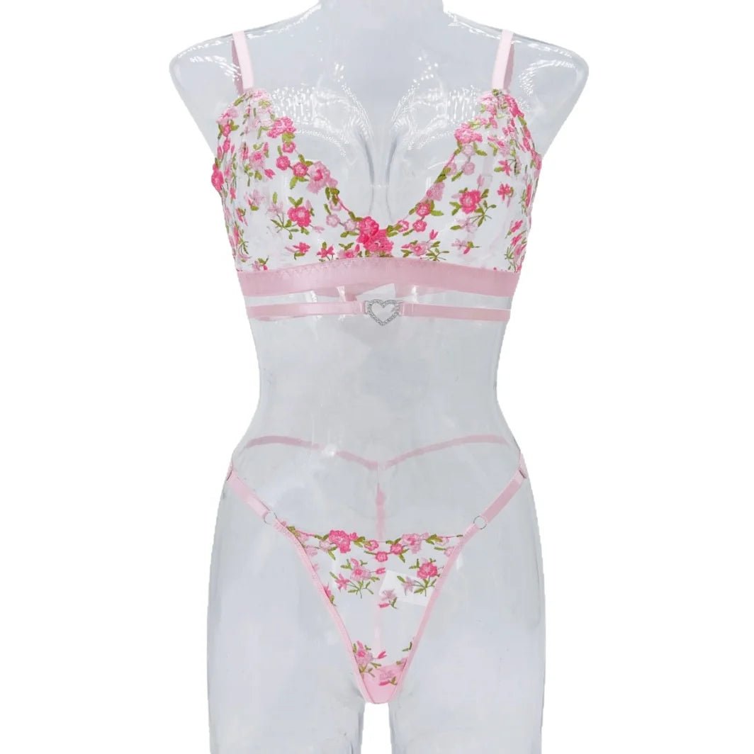 European and American Fashion Rose Embroidery Perspective Sexy love Buckle Thong Fun Suit - Zeprah