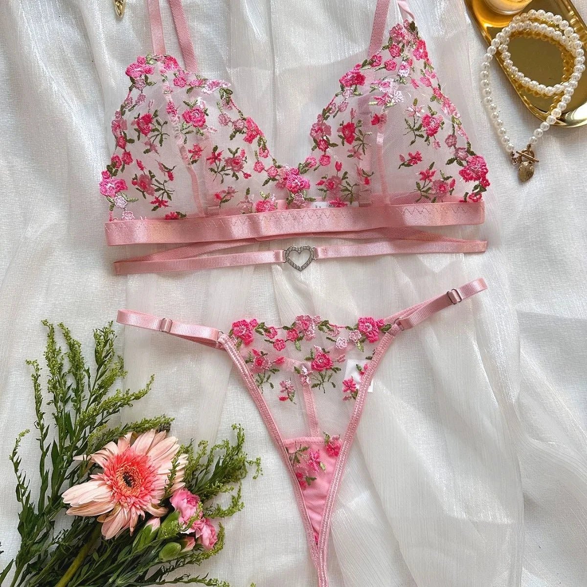 European and American Fashion Rose Embroidery Perspective Sexy love Buckle Thong Fun Suit - Zeprah