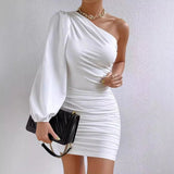 European and American Irregular Solid White Dress Hip Diagonal Shoulder Women's Dress - Zeprah