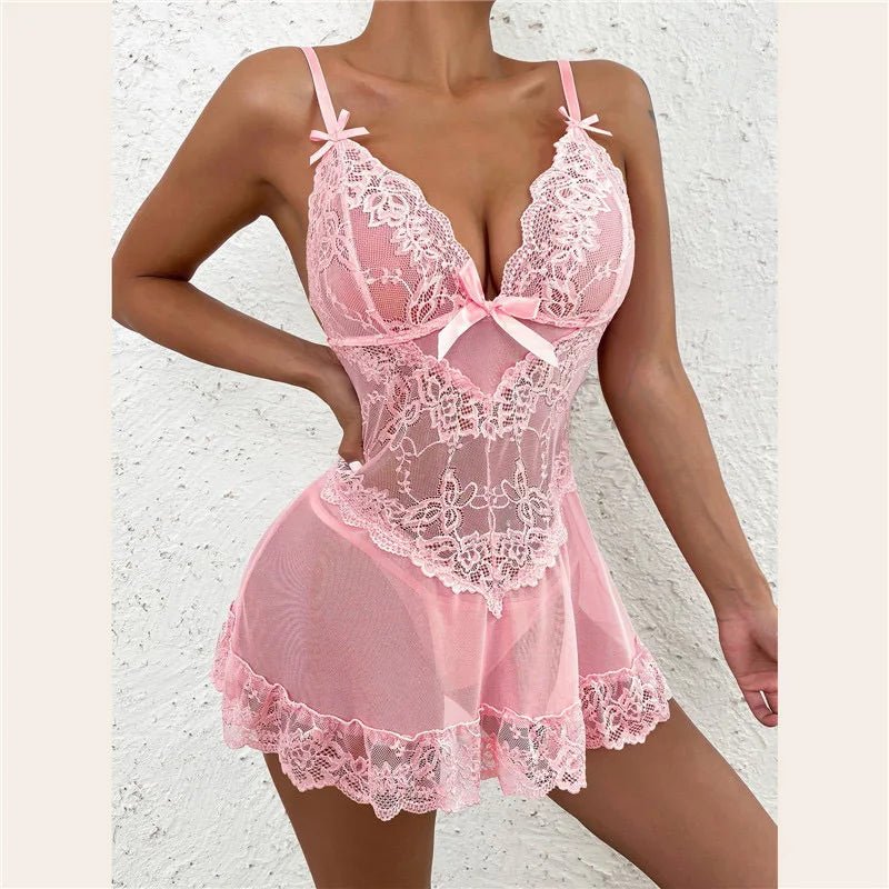 European and American Plus Size New Women's Sexy Lingerie See - through Lace Temptation Nightwear Set - Zeprah