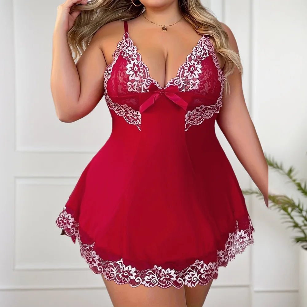 European and American Plus Size Sexy Underwear Lace Trim See - through Mesh Sling Nightgown - Zeprah
