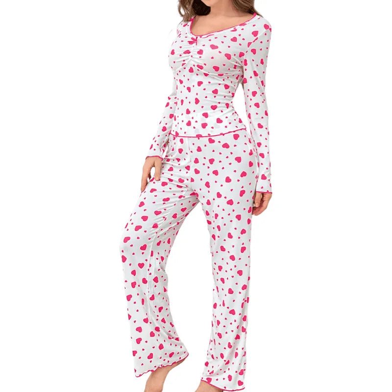 European and American Style Autumn and Winter Homewear Sexy Casual Heart Long - Sleeve Long - Pants Pajamas Two - Piece Set for Women - Zeprah