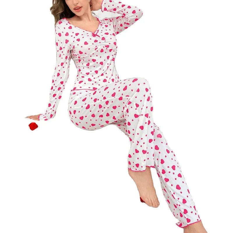 European and American Style Autumn and Winter Homewear Sexy Casual Heart Long - Sleeve Long - Pants Pajamas Two - Piece Set for Women - Zeprah