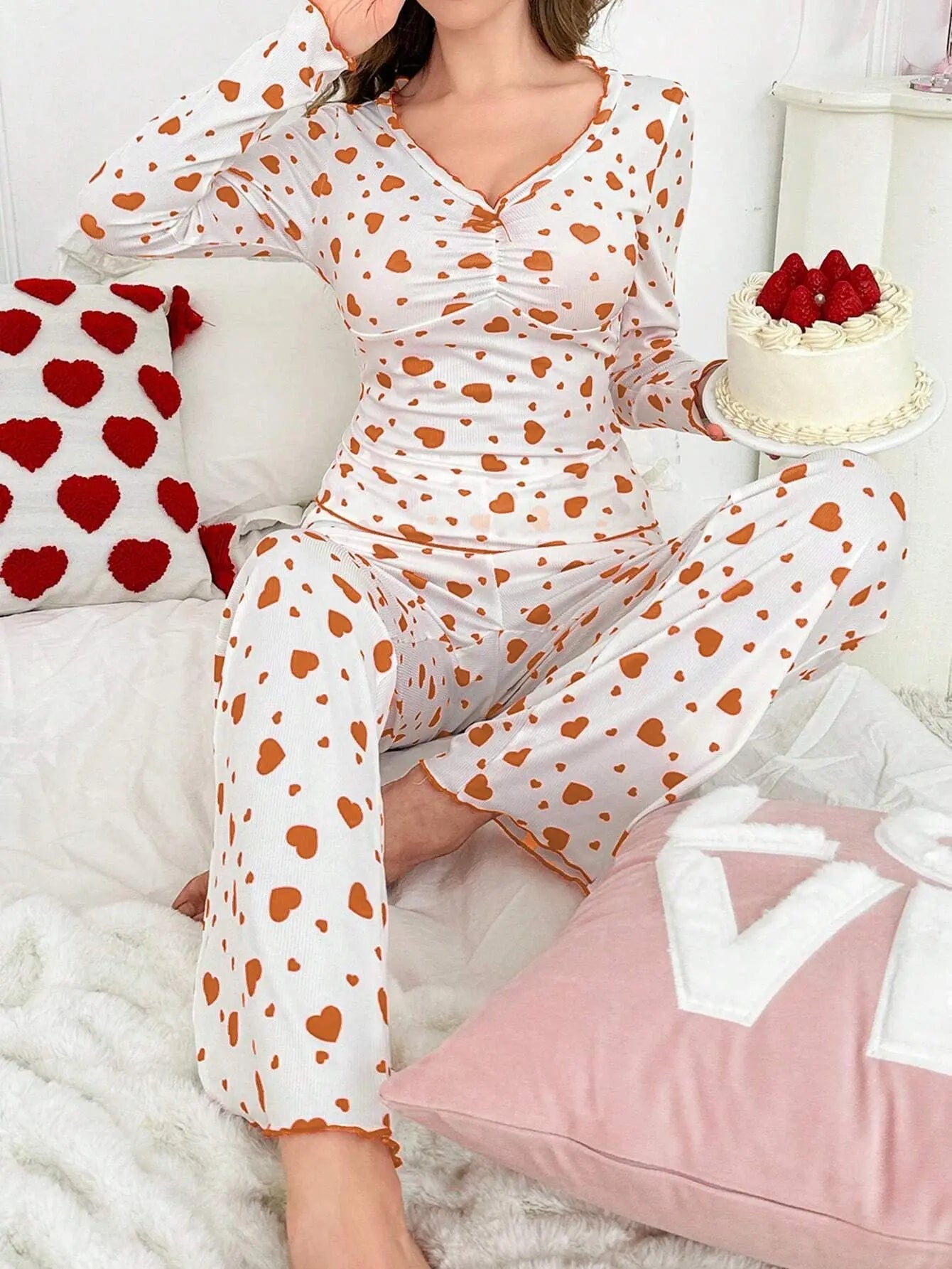 European and American Style Autumn and Winter Homewear Sexy Casual Heart Long - Sleeve Long - Pants Pajamas Two - Piece Set for Women - Zeprah