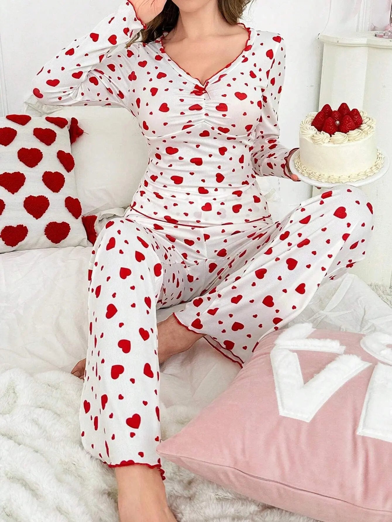 European and American Style Autumn and Winter Homewear Sexy Casual Heart Long - Sleeve Long - Pants Pajamas Two - Piece Set for Women - Zeprah