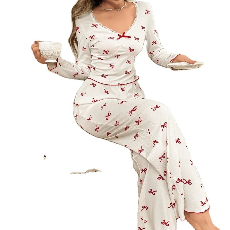 European and American Style Women's Pajamas with Bow Tie Long Pants Long Sleeves Printed Elastic Women's Loungewear - Zeprah
