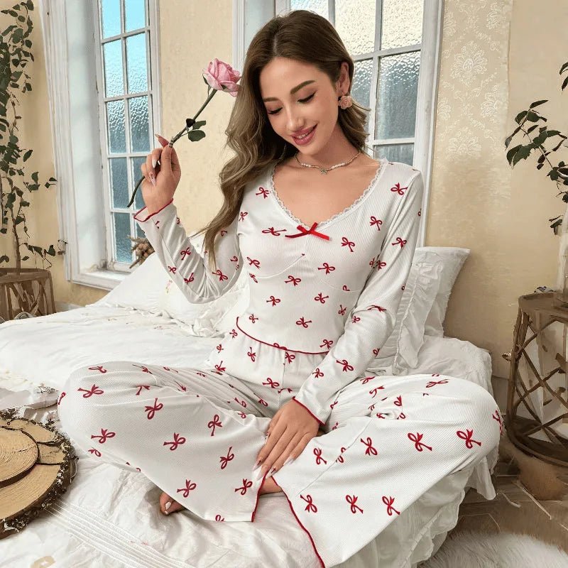 European and American Style Women's Pajamas with Bow Tie Long Pants Long Sleeves Printed Elastic Women's Loungewear - Zeprah