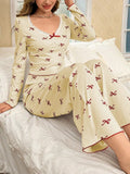 European and American Style Women's Pajamas with Bow Tie Long Pants Long Sleeves Printed Elastic Women's Loungewear - Zeprah