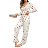 European and American Style Women's Pajamas with Bow Tie Long Pants Long Sleeves Printed Elastic Women's Loungewear - Zeprah