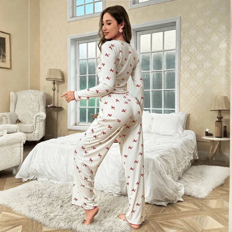 European and American Style Women's Pajamas with Bow Tie Long Pants Long Sleeves Printed Elastic Women's Loungewear - Zeprah