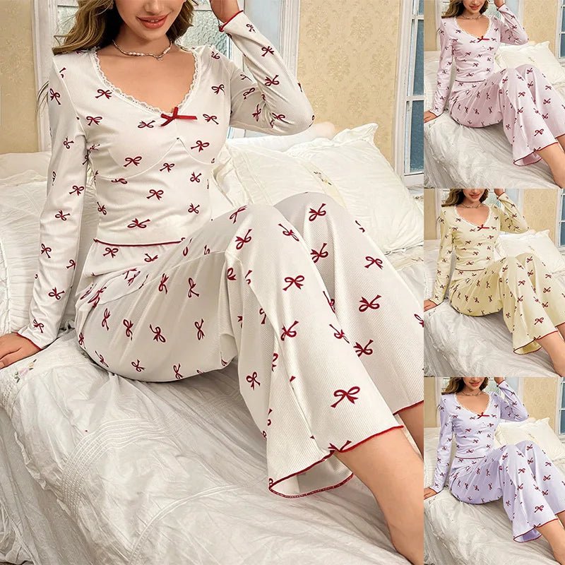 European and American Style Women's Pajamas with Bow Tie Long Pants Long Sleeves Printed Elastic Women's Loungewear - Zeprah