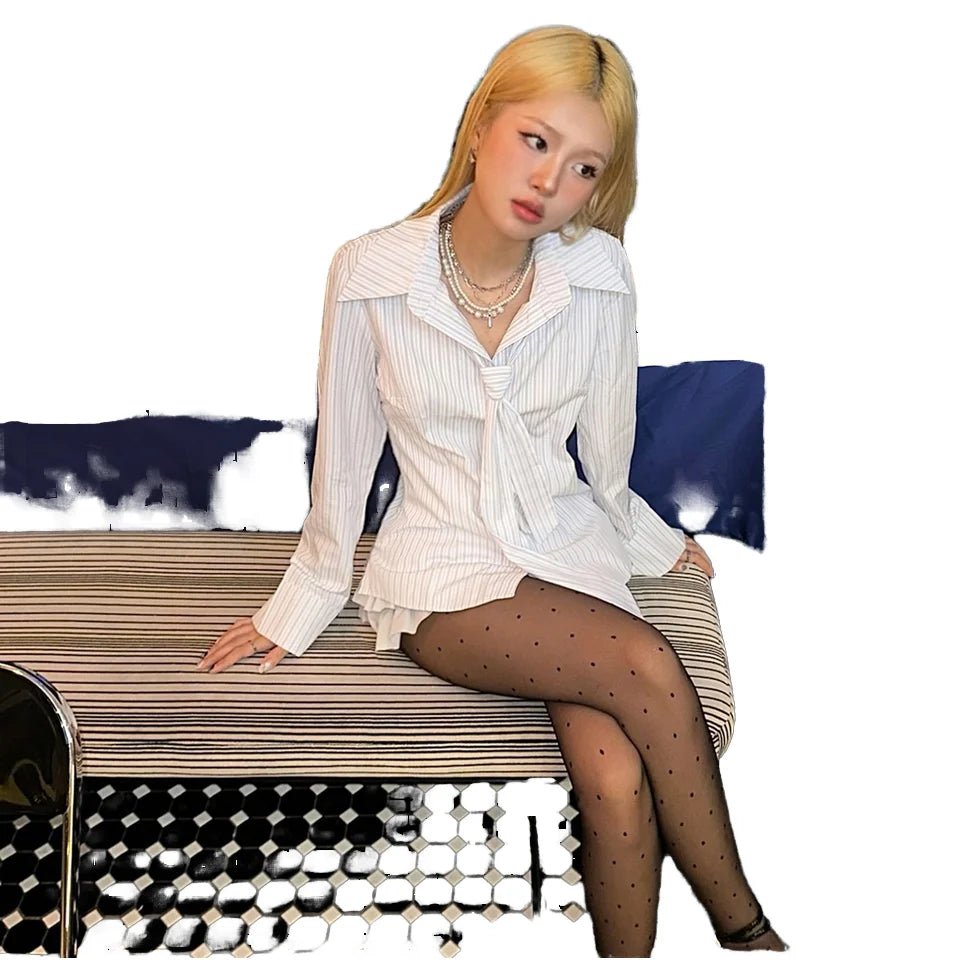 European and American Style Women's Shirt Autumn Casual Office Wear Striped Tie - Front Long Sleeve Blouse - Zeprah