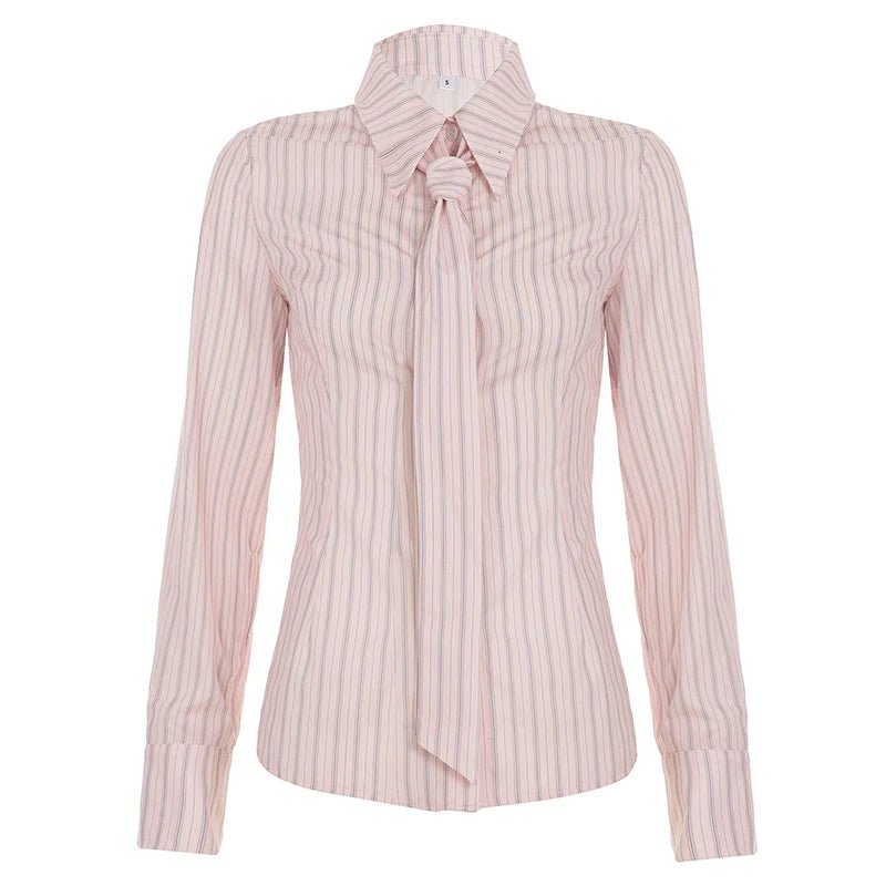 European and American Style Women's Shirt Autumn Casual Office Wear Striped Tie - Front Long Sleeve Blouse - Zeprah