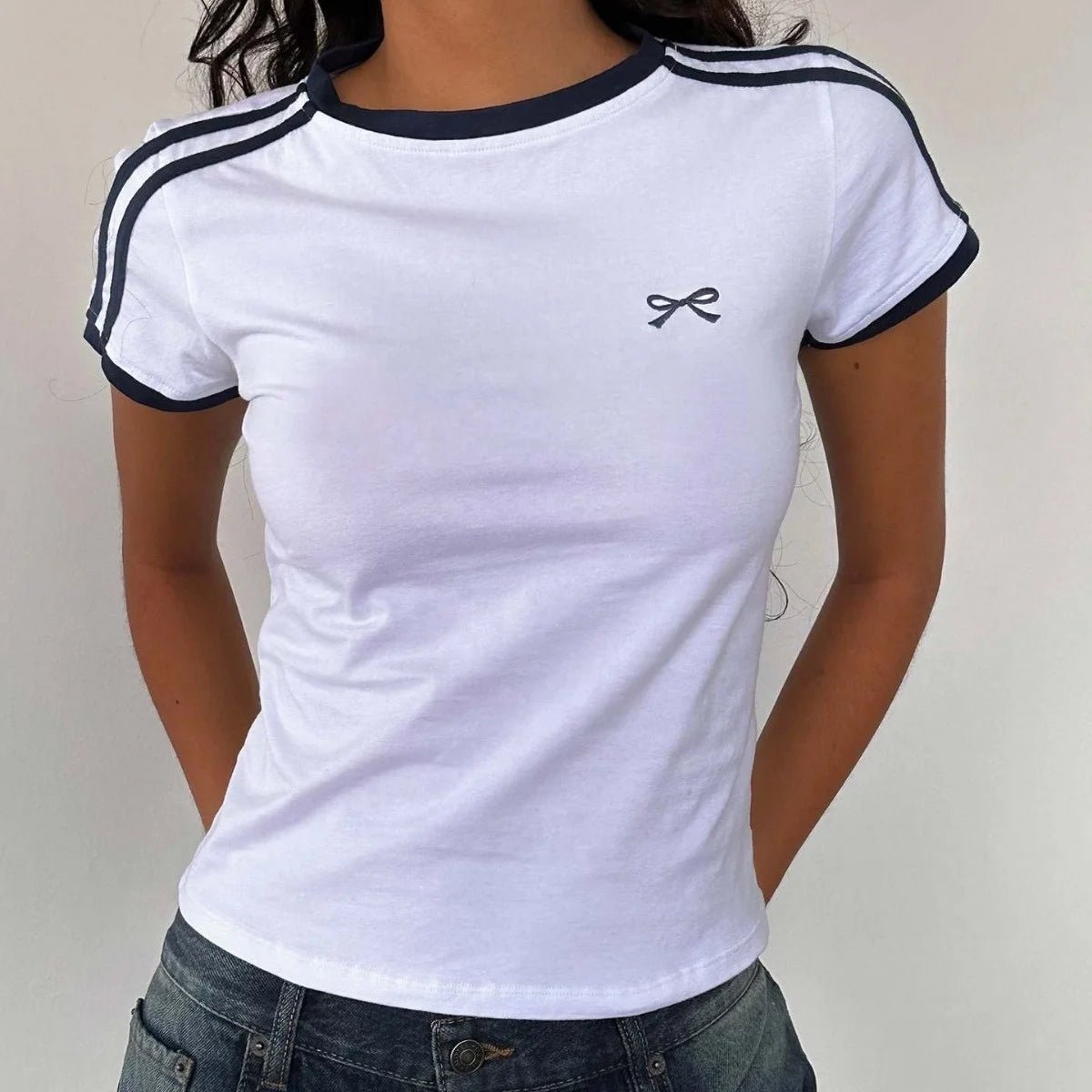 European and American Women's Bow Casual Short - sleeved T-shirt Clothes Simple Slimming Women's T-shirts - Zeprah