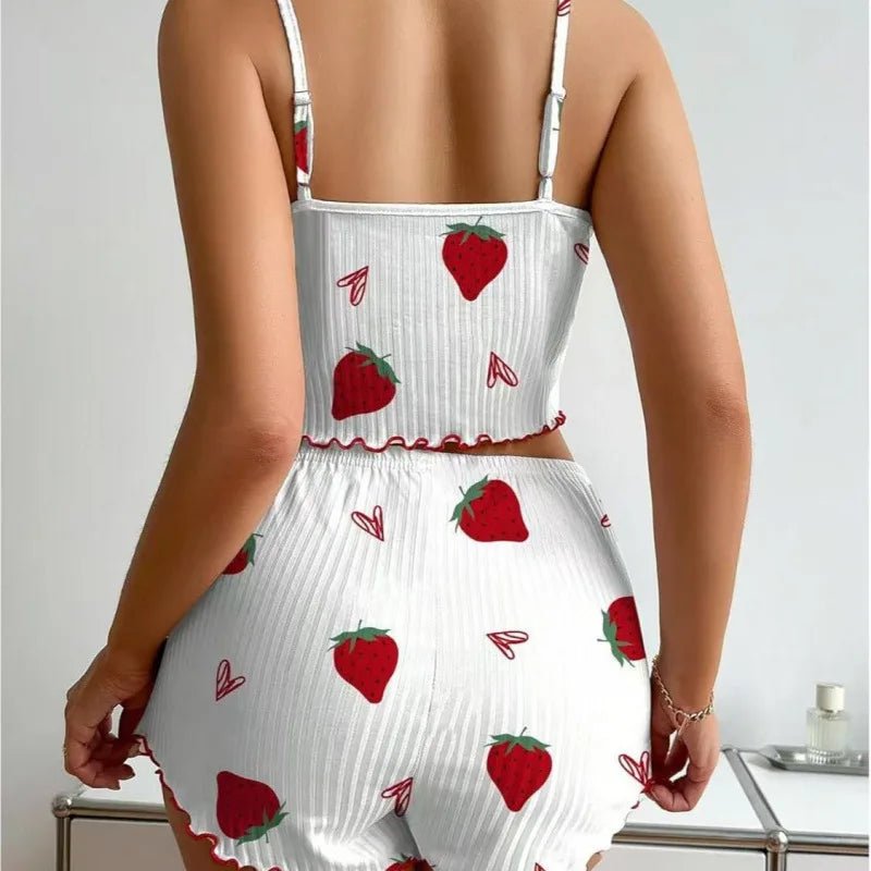 European and American Women's Two - Piece Satin Loungewear Set Strawberry Heart Print Ribbed Camisole Shorts - Zeprah