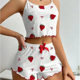 European and American Women's Two - Piece Satin Loungewear Set Strawberry Heart Print Ribbed Camisole Shorts - Zeprah